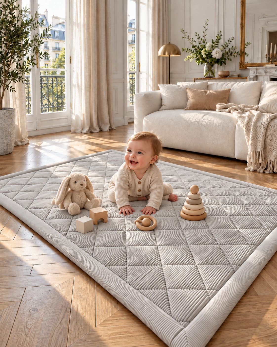 Baby spielt fröhlich auf der mimi kalu Spielmatte