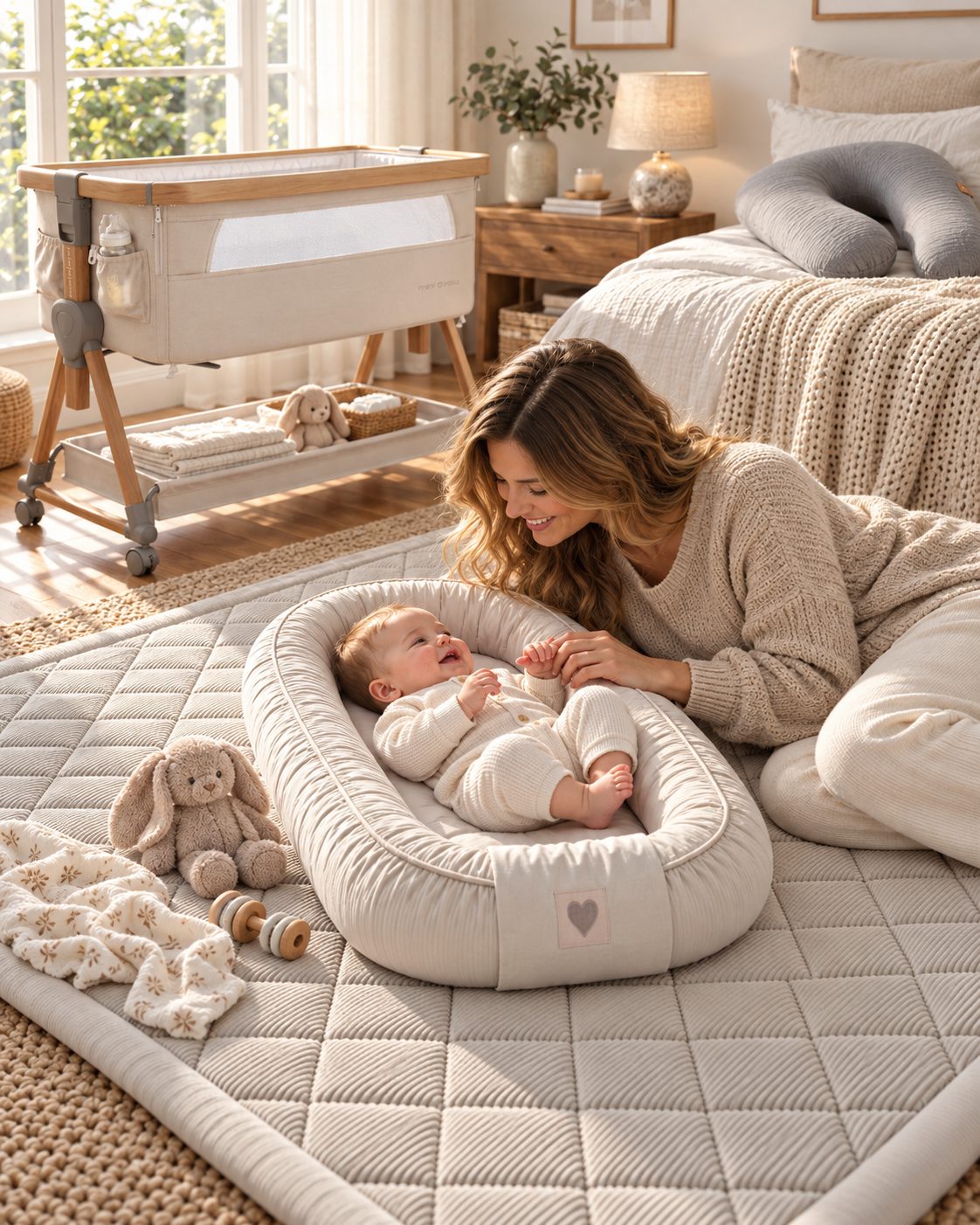 Mama mit Baby im mimi kalu Baby-Nest auf der Spielmatte, daneben Beistellbett und Seitenschläferkissen