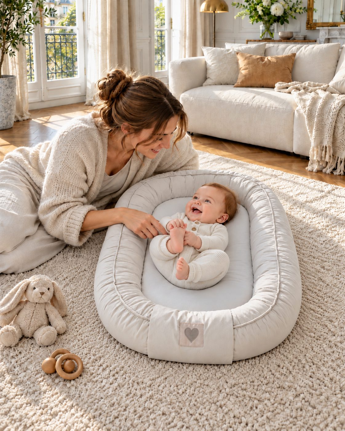 Lachendes Baby im mimi kalu Baby-Nest